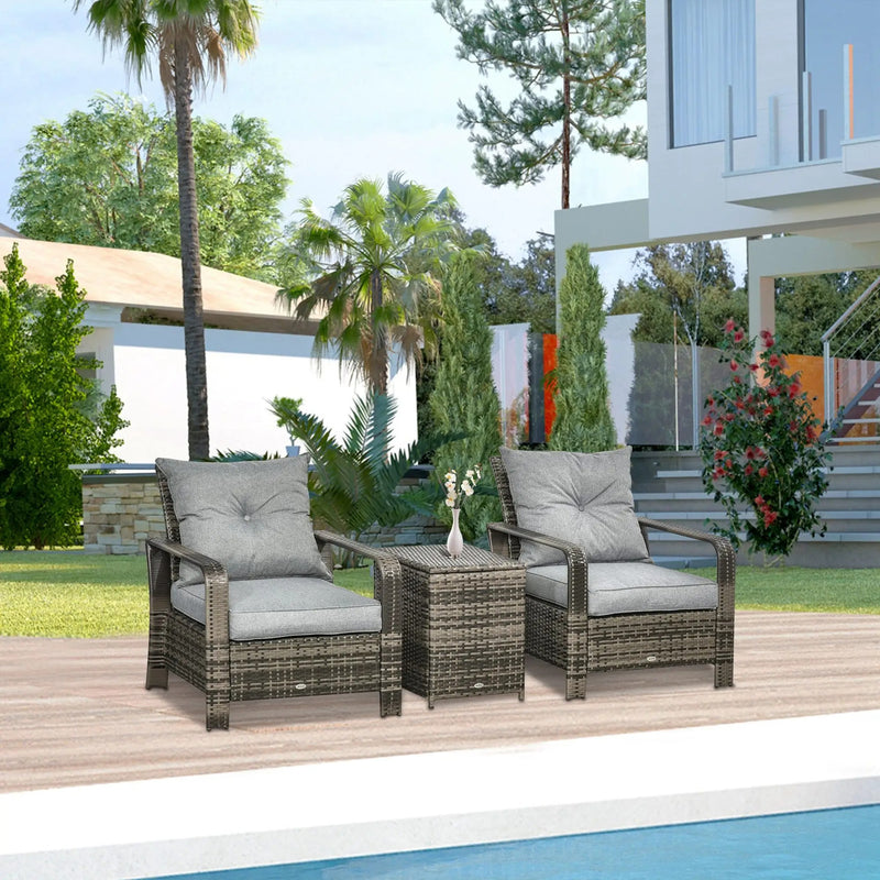 Outsunny 3 Pieces Wicker Patio Furniture Set, Rattan Bistro Set with Storage Coffee Table and Thickened Cushions, Outdoor Conversation Set for Garden, Porch, Balcony, Grey