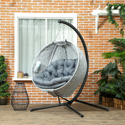 Outsunny Egg Chair with Folding Basket, Outdoor Indoor Hanging Swing Chair with Stand, Cushions for Patio, Balcony, Grey