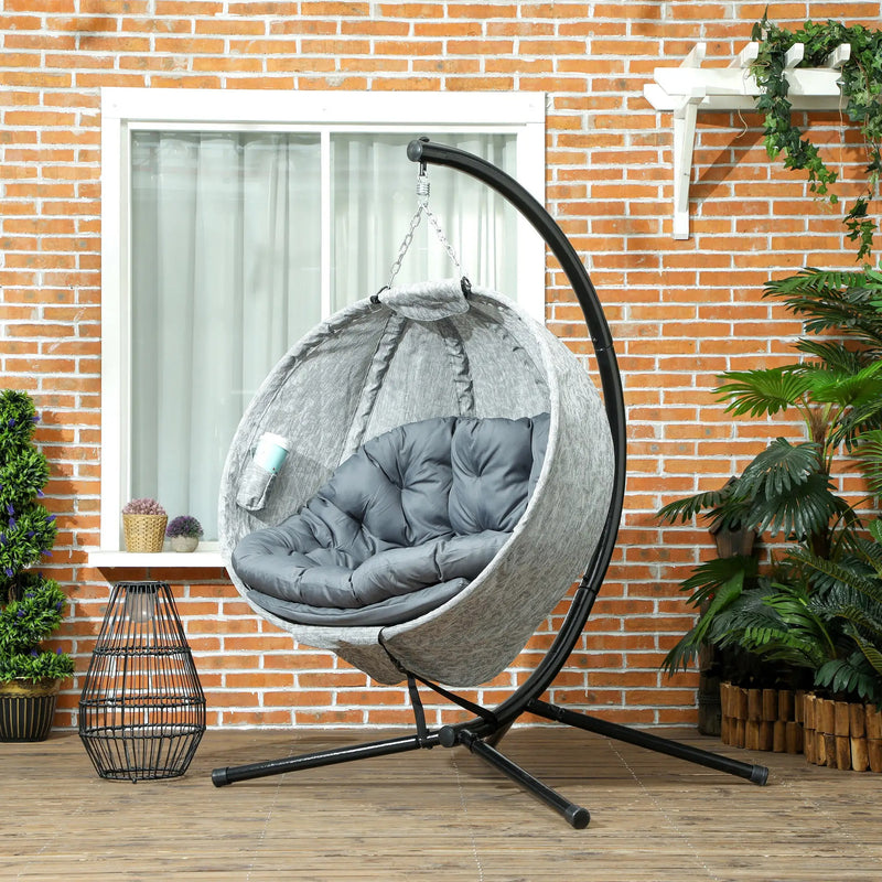Outsunny Egg Chair with Folding Basket, Outdoor Indoor Hanging Swing Chair with Stand, Cushions for Patio, Balcony, Grey