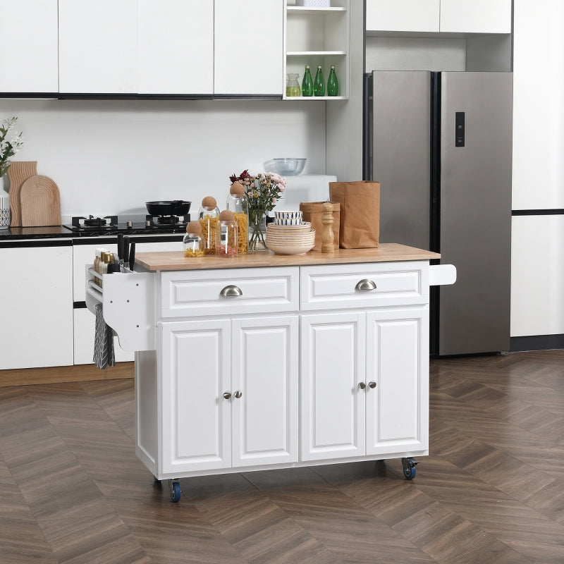 HOMCOM Rolling Kitchen Island on Wheels Utility Cart with Drop-Leaf, Rubber Wood Countertop, Storage Drawers, Door Cabinets and Adjustable Shelves, White