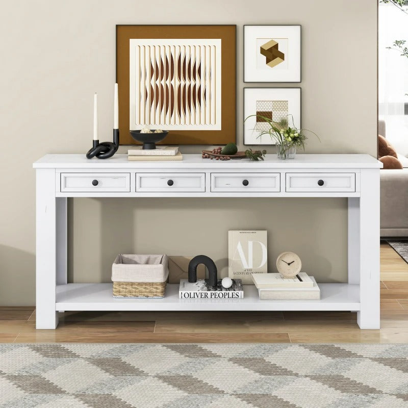 Rustic Chic Console Table with 4 Storage Drawers, Bottom Shelf, Solid Wood Frame, Ideal for Entryway, Hallway, 63" L x 14" W x 30" H, White