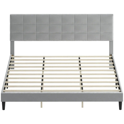 HOMCOM King Size Bed Frame with Upholstered Headboard, Modern Platform Bed Frame with Wood Slats, 1100 lbs Capacity, Grey
