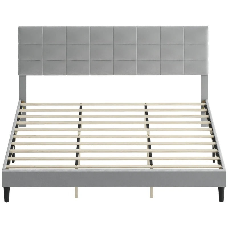 HOMCOM King Size Bed Frame with Upholstered Headboard, Modern Platform Bed Frame with Wood Slats, 1100 lbs Capacity, Grey
