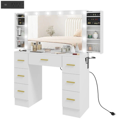 HOMCOM Makeup Vanity Table with Lights, Dressing Table with 7 Drawers, 6 Hidden Sliding Storage Compartments, White