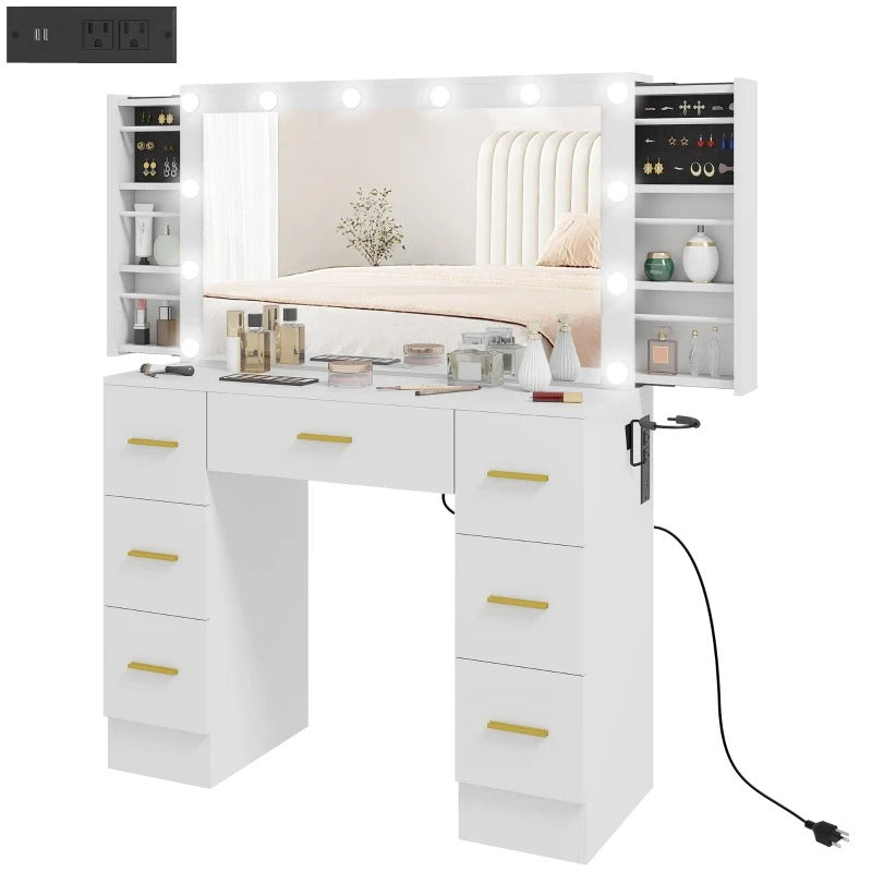 HOMCOM Makeup Vanity Table with Lights, Dressing Table with 7 Drawers, 6 Hidden Sliding Storage Compartments, White