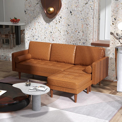 HOMCOM Faux Leather Sectional Sofa Couch L-Shaped Corner Sofa Set with Footstool and 2 Bolster Pillows, Brown