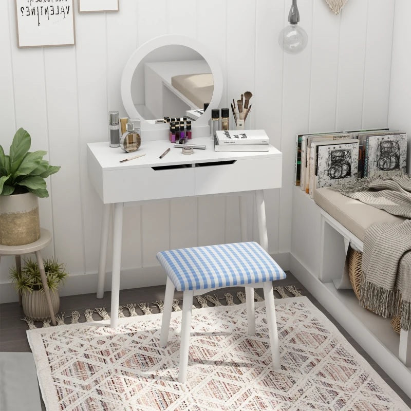 HOMCOM Vanity Table Set with Round Mirror and 2 Drawers, Dressing Table with Cushioned Stool Set for Bedroom (White)
