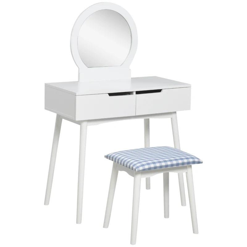HOMCOM Vanity Table Set with Round Mirror and 2 Drawers, Dressing Table with Cushioned Stool Set for Bedroom (White)