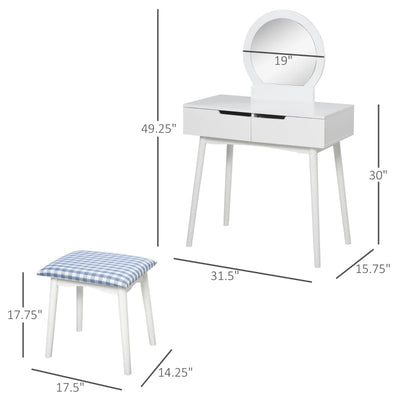 HOMCOM Vanity Table Set with Round Mirror and 2 Drawers, Dressing Table with Cushioned Stool Set for Bedroom (White)