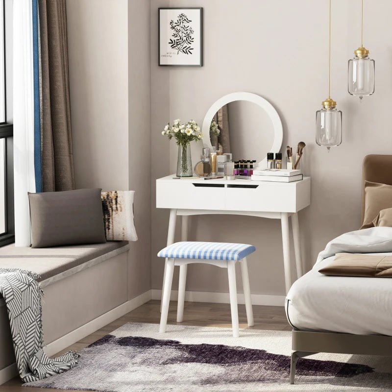 HOMCOM Vanity Table Set with Round Mirror and 2 Drawers, Dressing Table with Cushioned Stool Set for Bedroom (White)