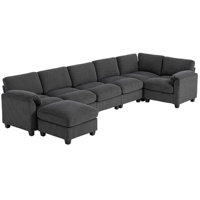 HOMCOM Modular Sectional Sofa, Oversized U-Shaped Couch with Spring Cushion, Corduroy Sofa for Living Room, Charcoal Grey