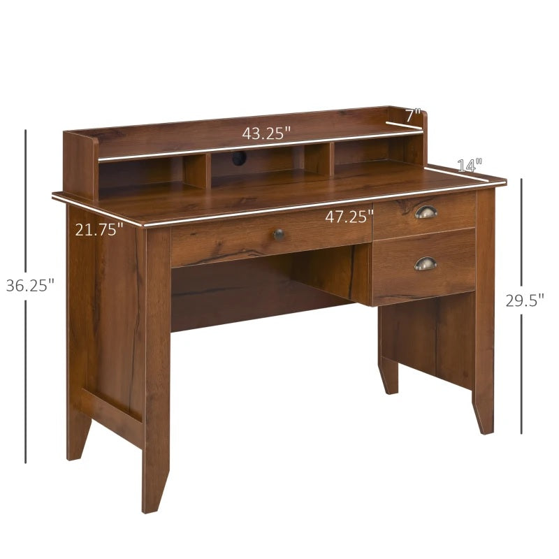 HOMCOM Computer Desk with Storage Hutch, Drawers, Shelf, Home Office Writing Table Study Workstation with Cable Management, Brown