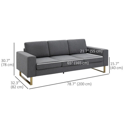 HOMCOM 3 Seater Sofa, Linen Upholstered Cozy Padded Couch with Steel Leg, Backrest and Wide Armrest, for Living room, Bedroom, Grey