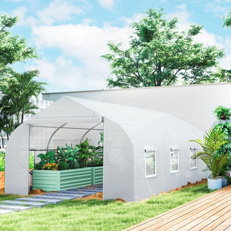 Outsunny 20x10x7ft Walk-in Steeple Greenhouse Outdoor Backyard Plant Seed Growth Tunnel Shed Warm House with 2 Anchor Way White