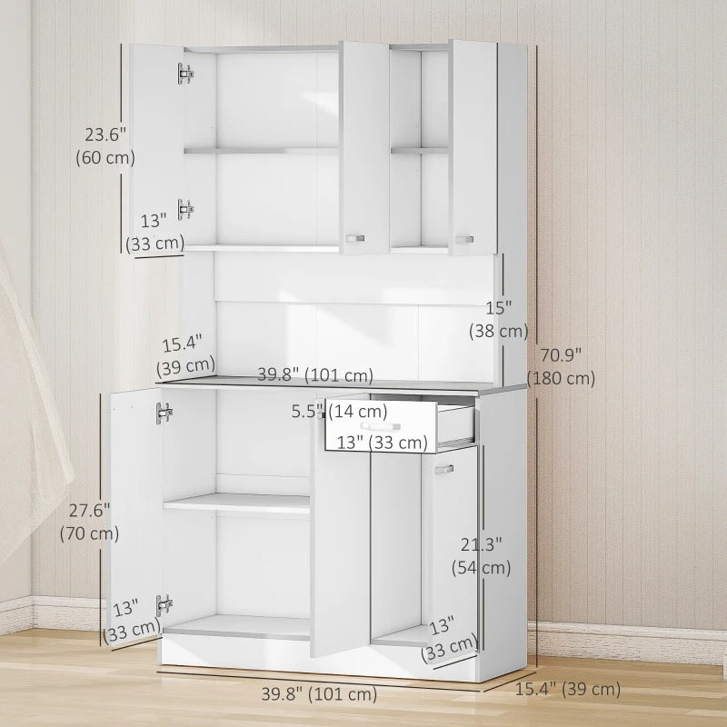 HOMCOM 71" Modern Buffet with Hutch, Standing Kitchen Hutch with Storage Cabinets, Drawer, Open Space with Microwave Stand, White