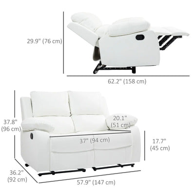 HOMCOM PU Leather Manual Recliner Sofa, Double Reclining Loveseat with Pullback Control Footrest for Living Room, White