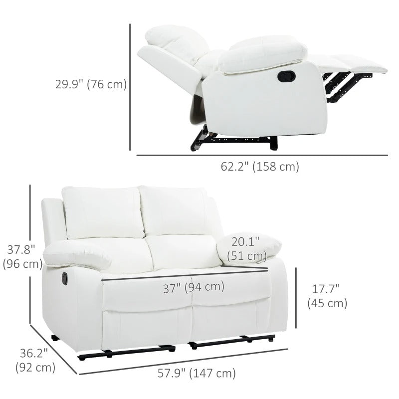 HOMCOM PU Leather Manual Recliner Sofa, Double Reclining Loveseat with Pullback Control Footrest for Living Room, White