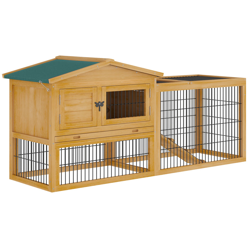 Outdoor Fir Wood Rabbit Hutch Bunny Cage Run w/ 2 Levels, Patio &amp; Pull Out Tray