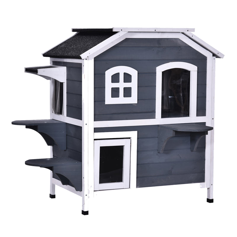 2-Story Wooden Cat Condo w/ Balcony &amp; Doors for Indoor/Outdoor Use