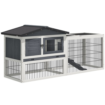 Outdoor Fir Wood Rabbit Hutch Bunny Cage Run w/ 2 Levels, Patio &amp; Pull Out Tray