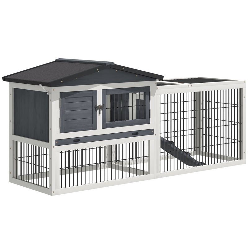Outdoor Fir Wood Rabbit Hutch Bunny Cage Run w/ 2 Levels, Patio &amp; Pull Out Tray