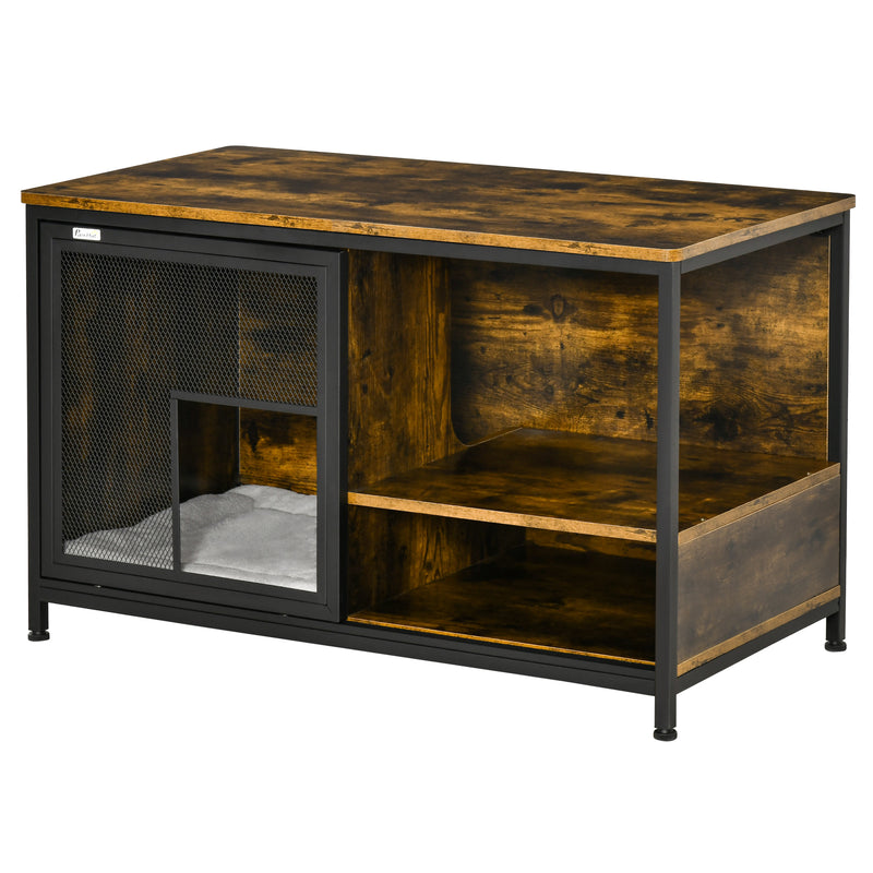 Wooden Cat House End Table, Elevated Kennel Pet Bed w/ Removable Cushion