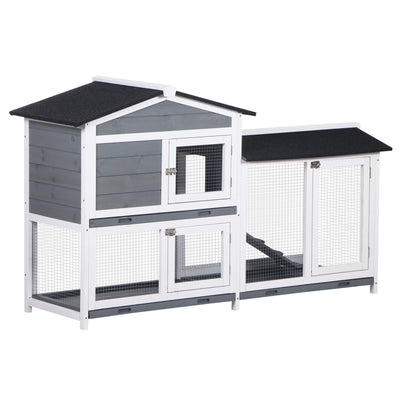 2-tier Wood Rabbit Hutch Backyard Small Animal House Ramp Outdoor Run Enclosed