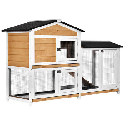 2-tier Wood Rabbit Hutch Backyard Small Animal House Ramp Outdoor Run Enclosed