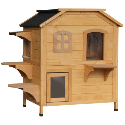 2-Story Wooden Cat Condo w/ Balcony &amp; Doors for Indoor/Outdoor Use