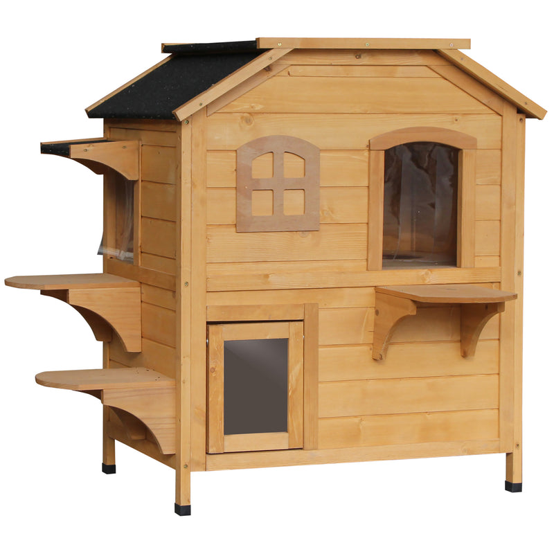 2-Story Wooden Cat Condo w/ Balcony &amp; Doors for Indoor/Outdoor Use
