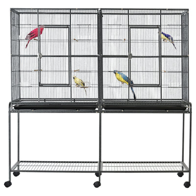 Rolling Bird Cage w/ Storage Shelf, Wood Perch, Food Container