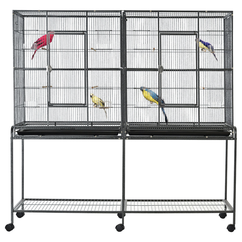 Rolling Bird Cage w/ Storage Shelf, Wood Perch, Food Container