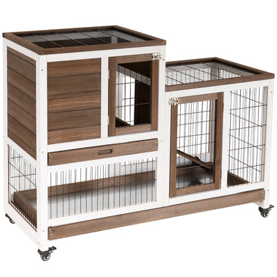 Indoor Rabbit Hutch Bunny Cage with Run Pull Out Tray Casters Ramp