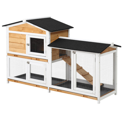 2-tier Wood Rabbit Hutch Backyard Small Animal House Ramp Outdoor Run Enclosed