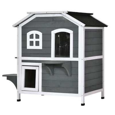 2-Story Wooden Cat Condo w/ Balcony &amp; Doors for Indoor/Outdoor Use