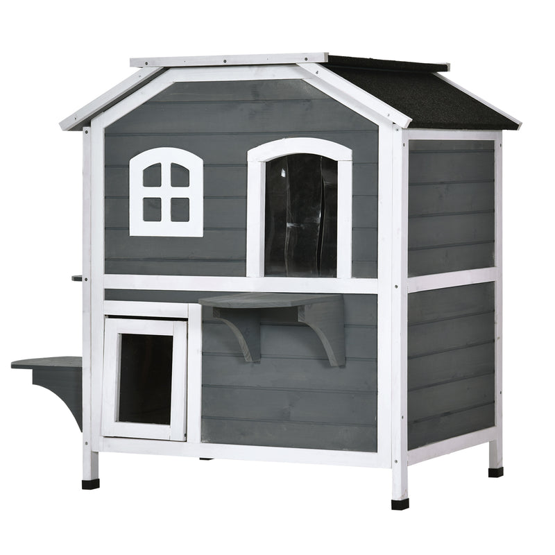 2-Story Wooden Cat Condo w/ Balcony &amp; Doors for Indoor/Outdoor Use