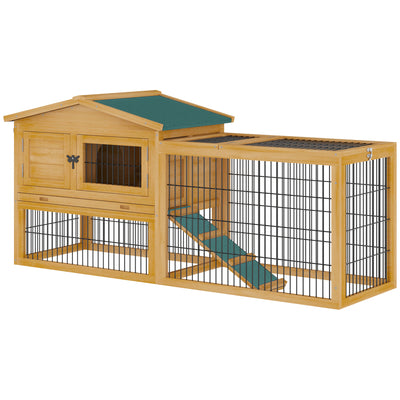 Outdoor Fir Wood Rabbit Hutch Bunny Cage Run w/ 2 Levels, Patio &amp; Pull Out Tray