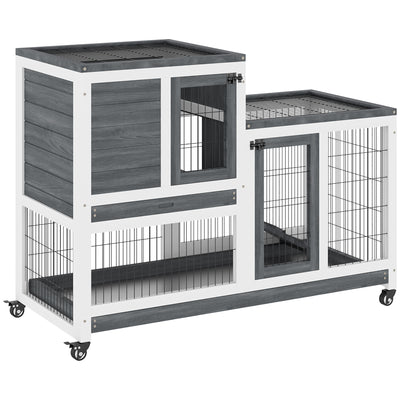 Indoor Rabbit Hutch Bunny Cage with Run Pull Out Tray Casters Ramp