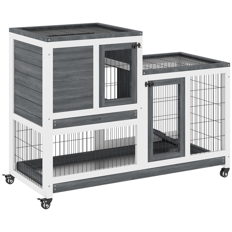 Indoor Rabbit Hutch Bunny Cage with Run Pull Out Tray Casters Ramp