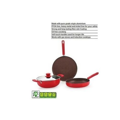 Kitchen Cookware Set Aluminum Dishwasher Safe Non Stick Induction- 4 Pcs- RED