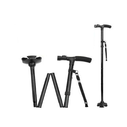 Walking Stick Cane Folding With Light LED Strap Handle Metal Adjustable - 4 Legs