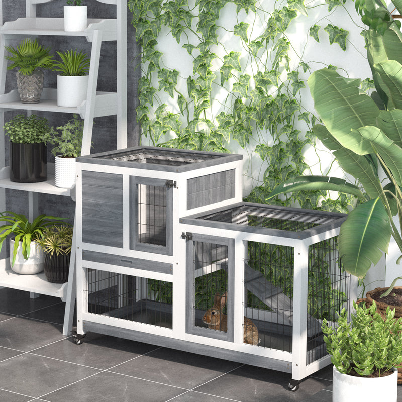 Indoor Rabbit Hutch Bunny Cage with Run Pull Out Tray Casters Ramp