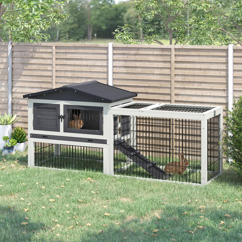 Outdoor Fir Wood Rabbit Hutch Bunny Cage Run w/ 2 Levels, Patio &amp; Pull Out Tray