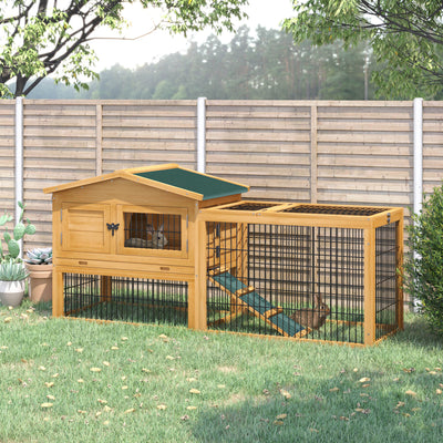 Outdoor Fir Wood Rabbit Hutch Bunny Cage Run w/ 2 Levels, Patio &amp; Pull Out Tray