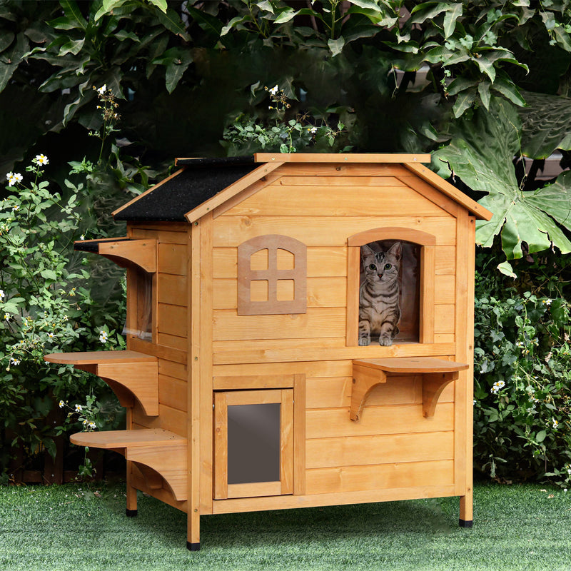 2-Story Wooden Cat Condo w/ Balcony &amp; Doors for Indoor/Outdoor Use
