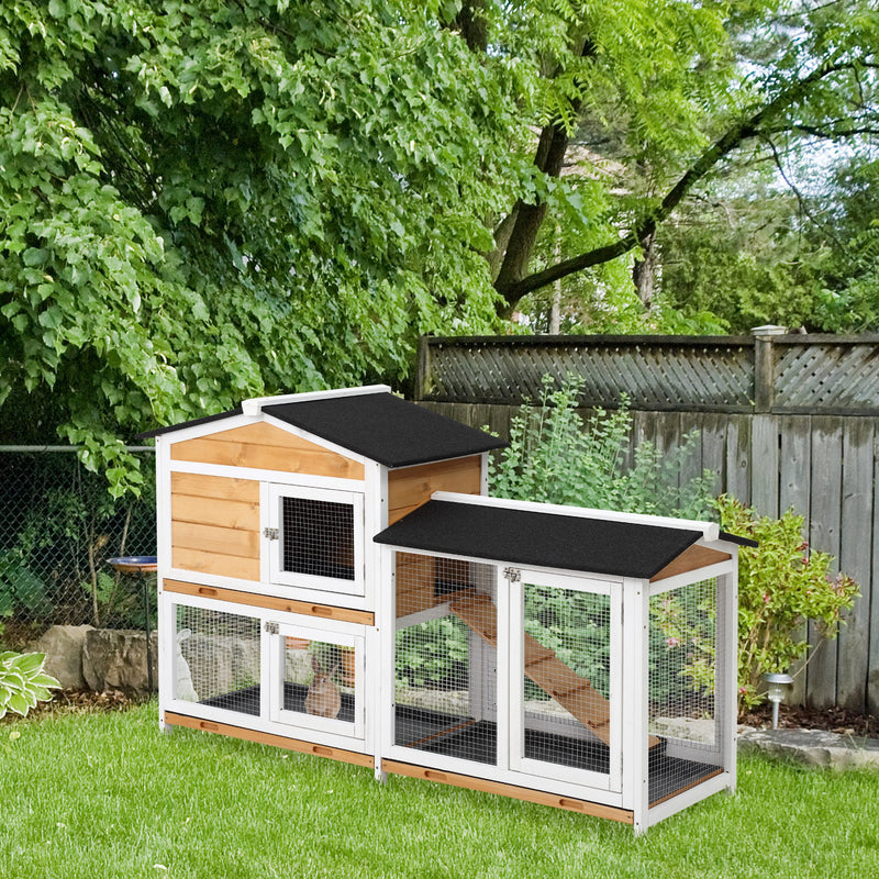 2-tier Wood Rabbit Hutch Backyard Small Animal House Ramp Outdoor Run Enclosed