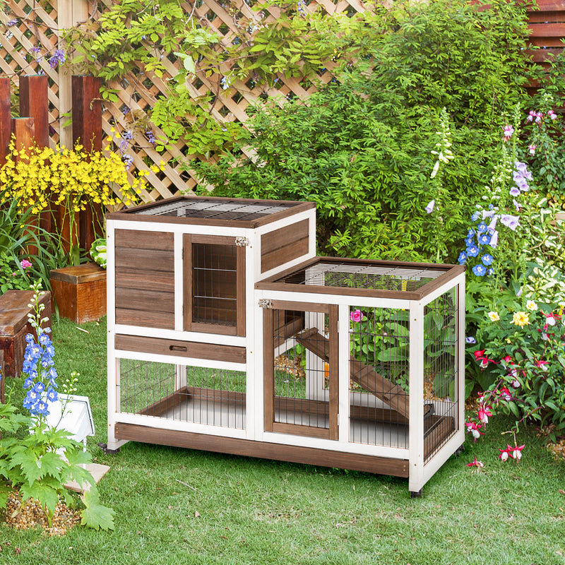 Indoor Rabbit Hutch Bunny Cage with Run Pull Out Tray Casters Ramp