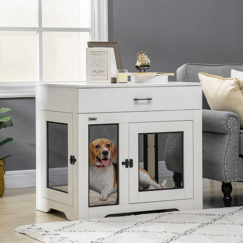 Indoor Use Dog Kennel End Table with Drawer Double Doors for Medium Dogs