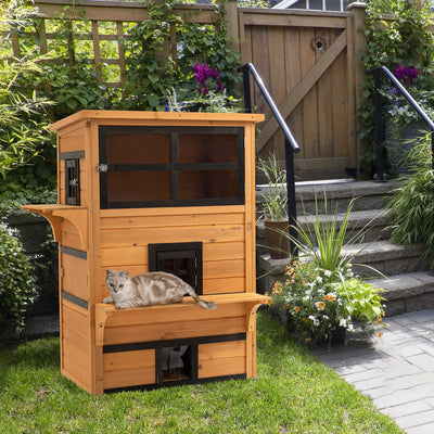 Feral Cat House Outdoor, 3-Tier Kitty Shelter, Weather Resistant, w/ Escape Door