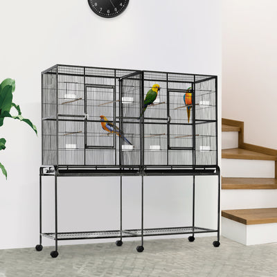 Rolling Bird Cage w/ Storage Shelf, Wood Perch, Food Container